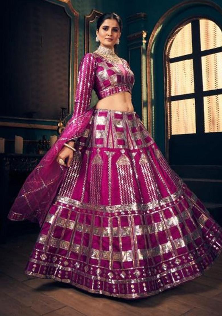 Rani Pink Sequence Embroidery Stich Work Silk Lehenga Set - Indya