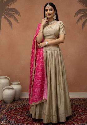 Light Gold Sequence Embroidery Stich Work Silk Lehenga Set