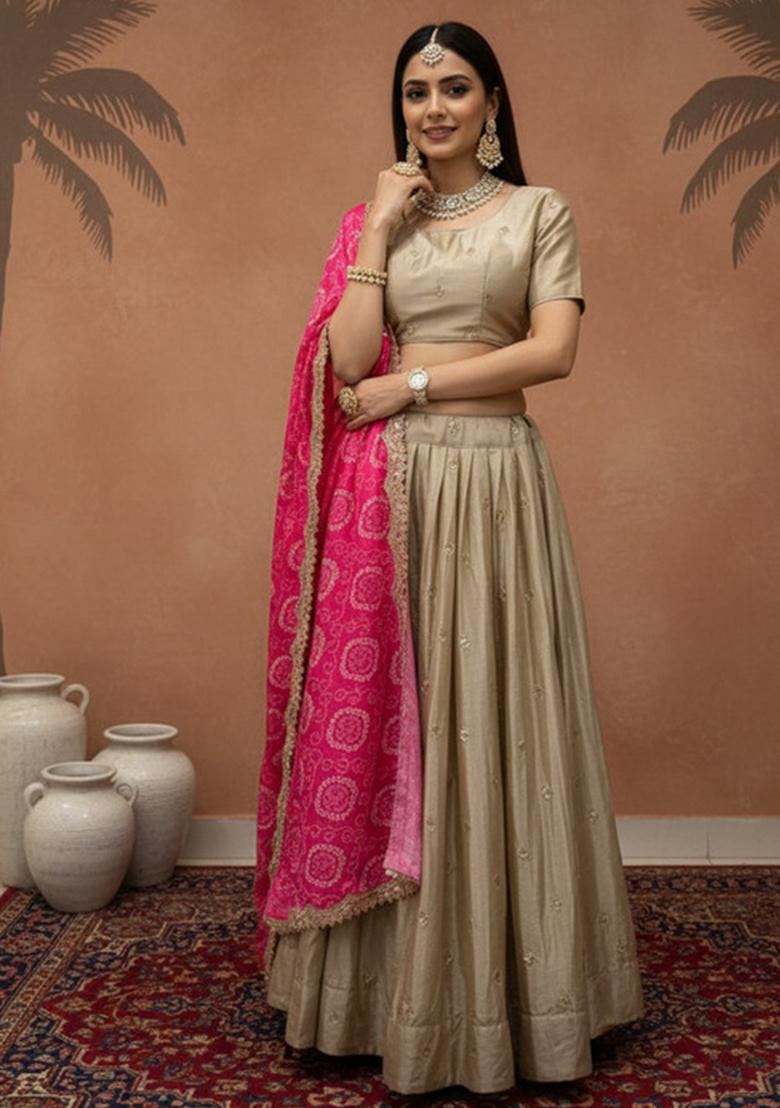 Light Gold Sequence Embroidery Stich Work Silk Lehenga Set