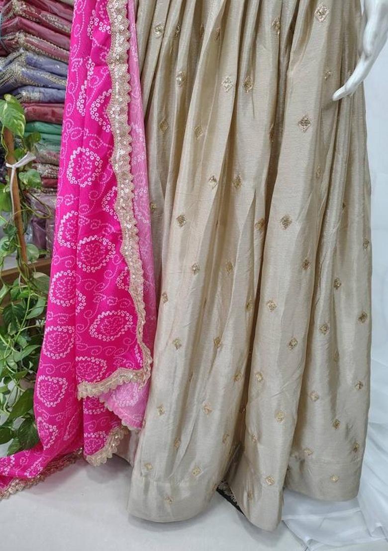 Light Gold Sequence Embroidery Stich Work Silk Lehenga Set