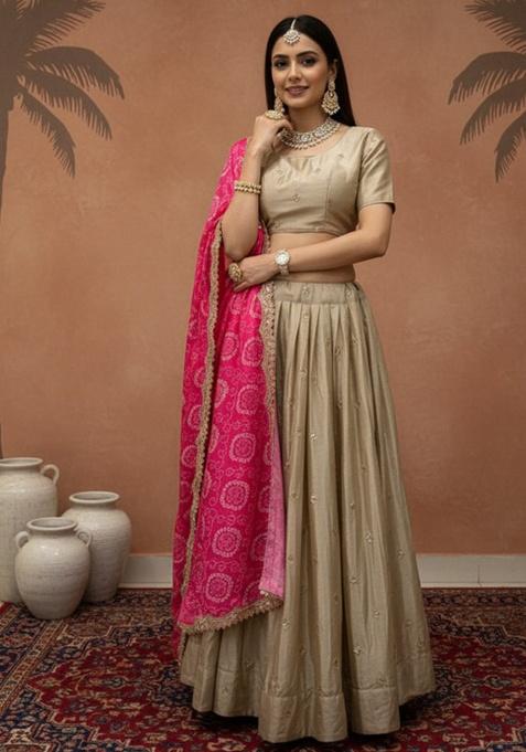 Light Gold Sequence Embroidery Stich Work Silk Lehenga Set