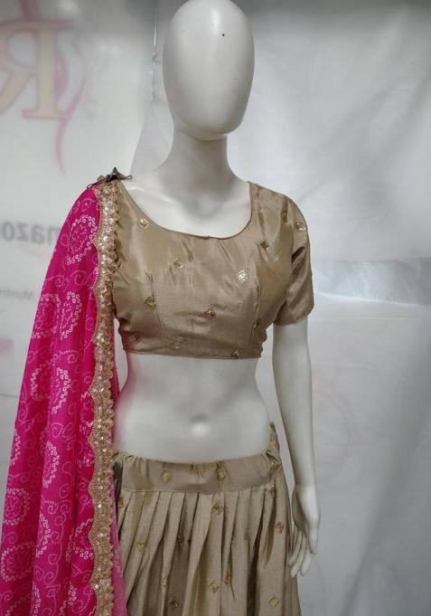 Light Gold Sequence Embroidery Stich Work Silk Lehenga Set