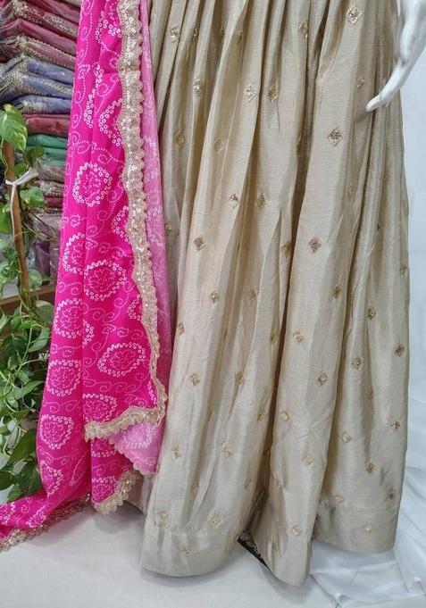 Light Gold Sequence Embroidery Stich Work Silk Lehenga Set