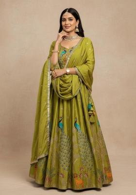 Mehendi Green Sequence Embroidery Stich Work Silk Lehenga Set