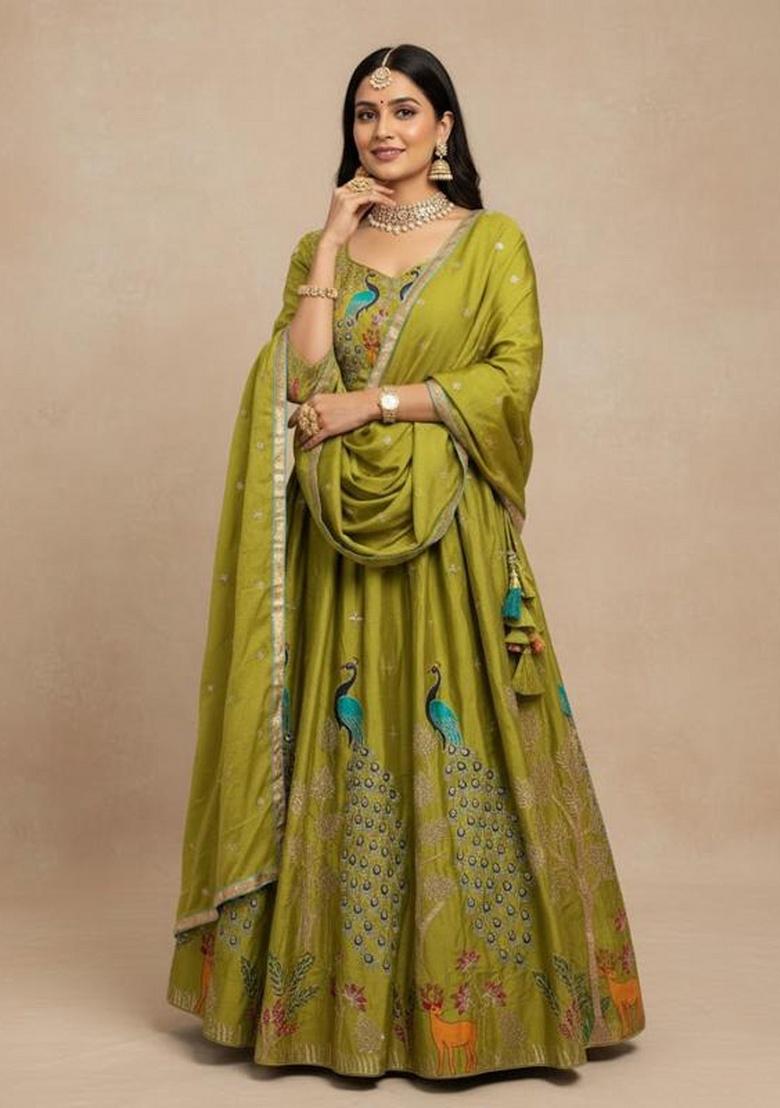 Mehendi Green Sequence Embroidery Stich Work Silk Lehenga Set
