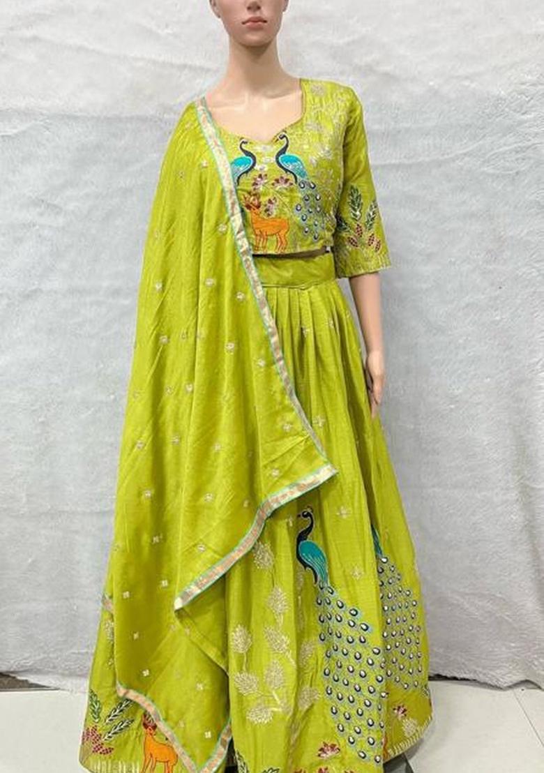 Mehendi Green Sequence Embroidery Stich Work Silk Lehenga Set - Indya