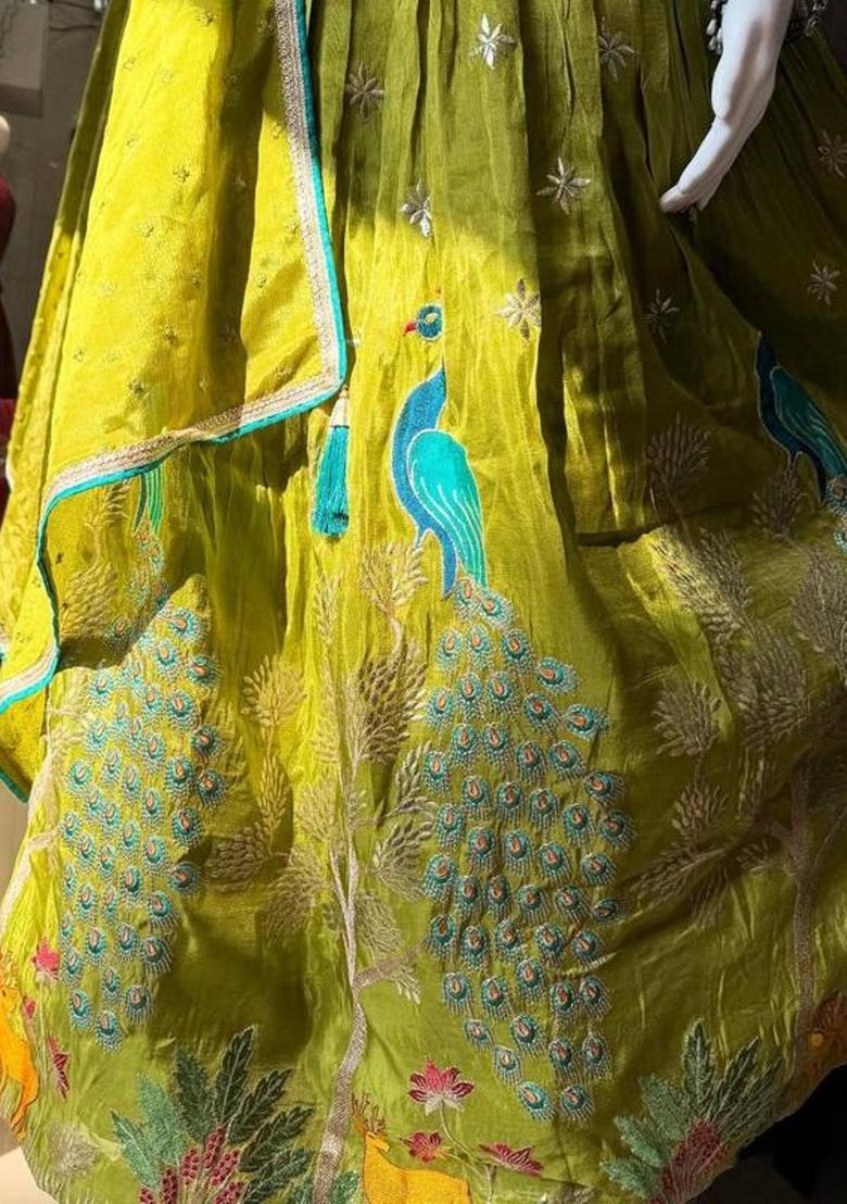 Mehendi Green Sequence Embroidery Stich Work Silk Lehenga Set