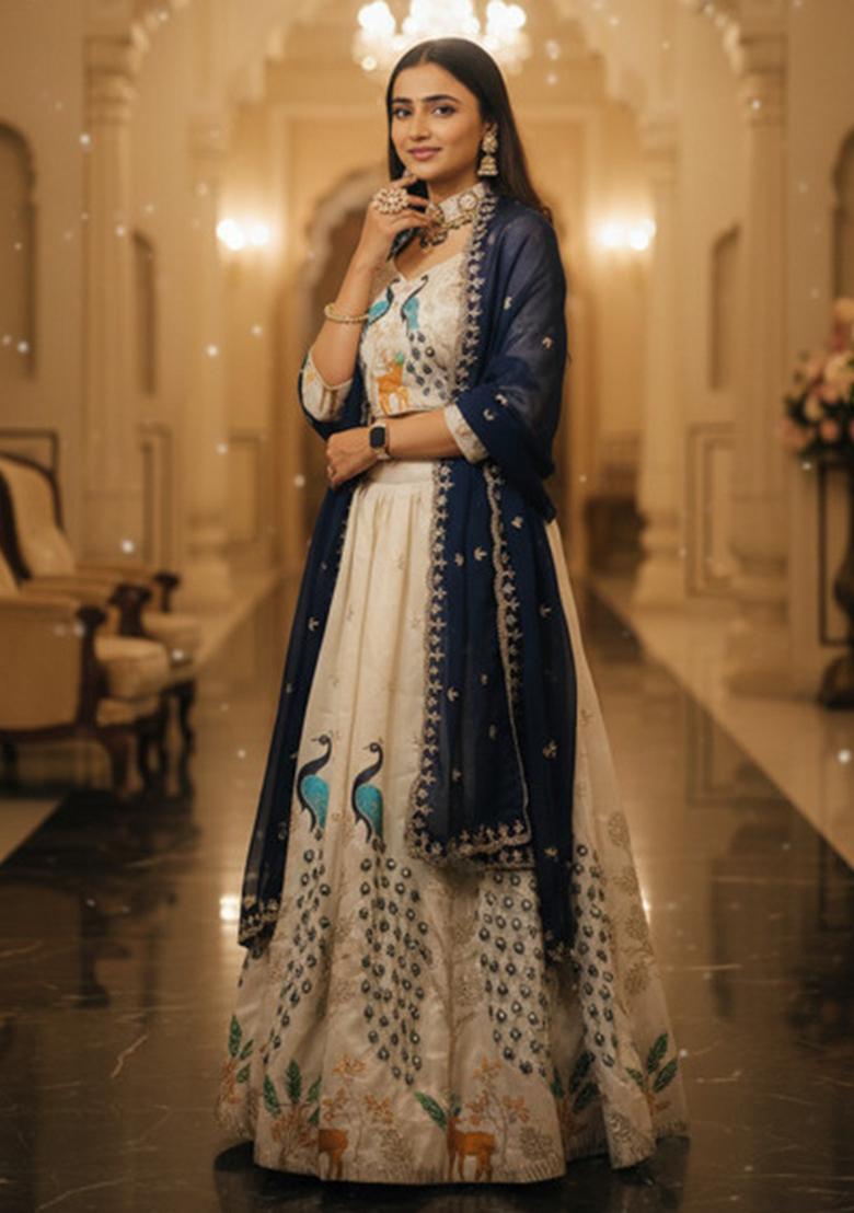 Cream Sequence Embroidery Stich Work Silk Lehenga Set - Indya