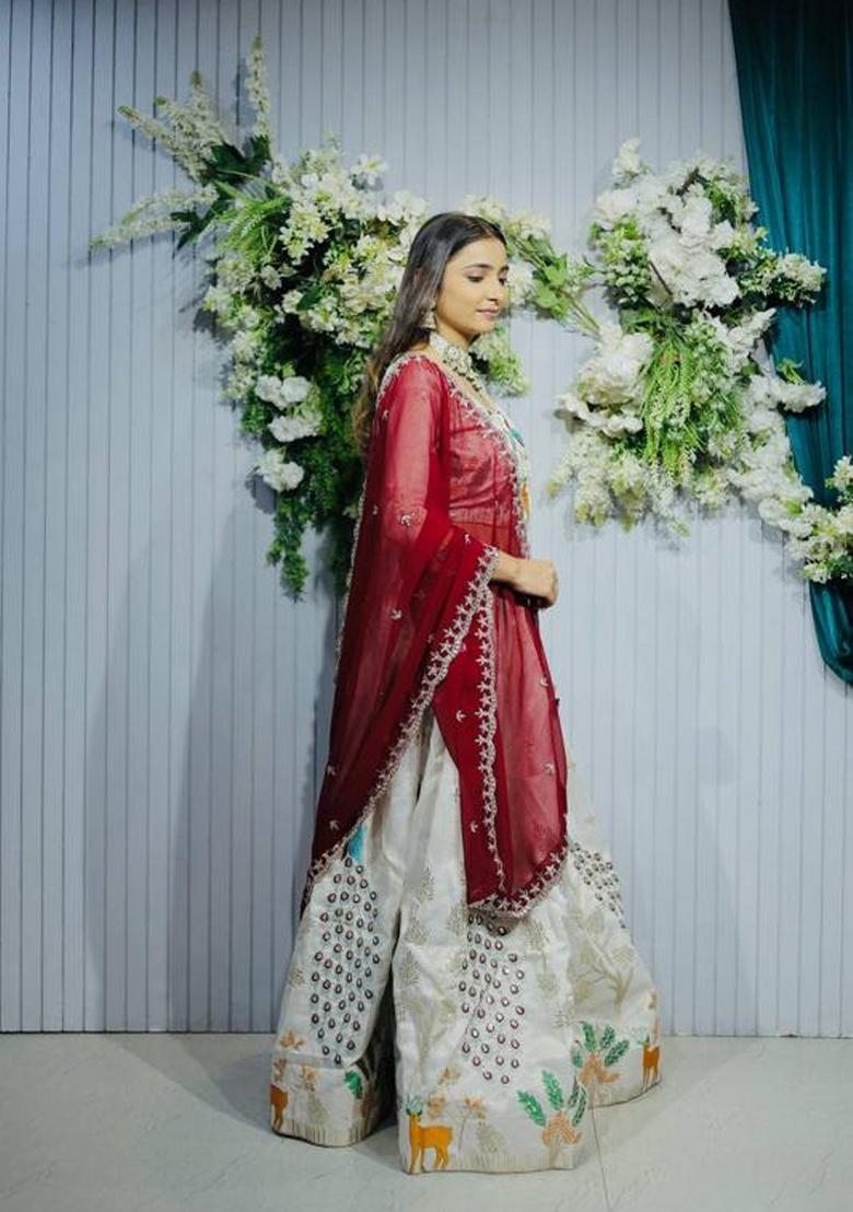 Rani Pink Sequence Embroidery Stich Work Silk Lehenga Set - Indya