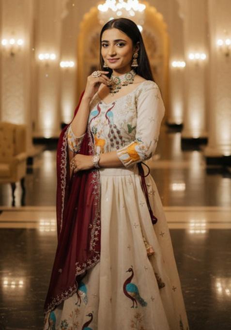 Rani Pink Sequence Embroidery Stich Work Silk Lehenga Set