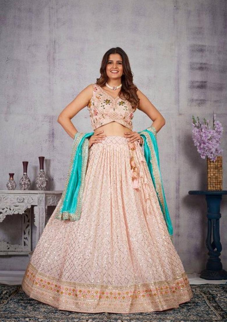 Light Pink Sequence Embroidery Stich Work Faux Georgette Lehenga Set - Indya