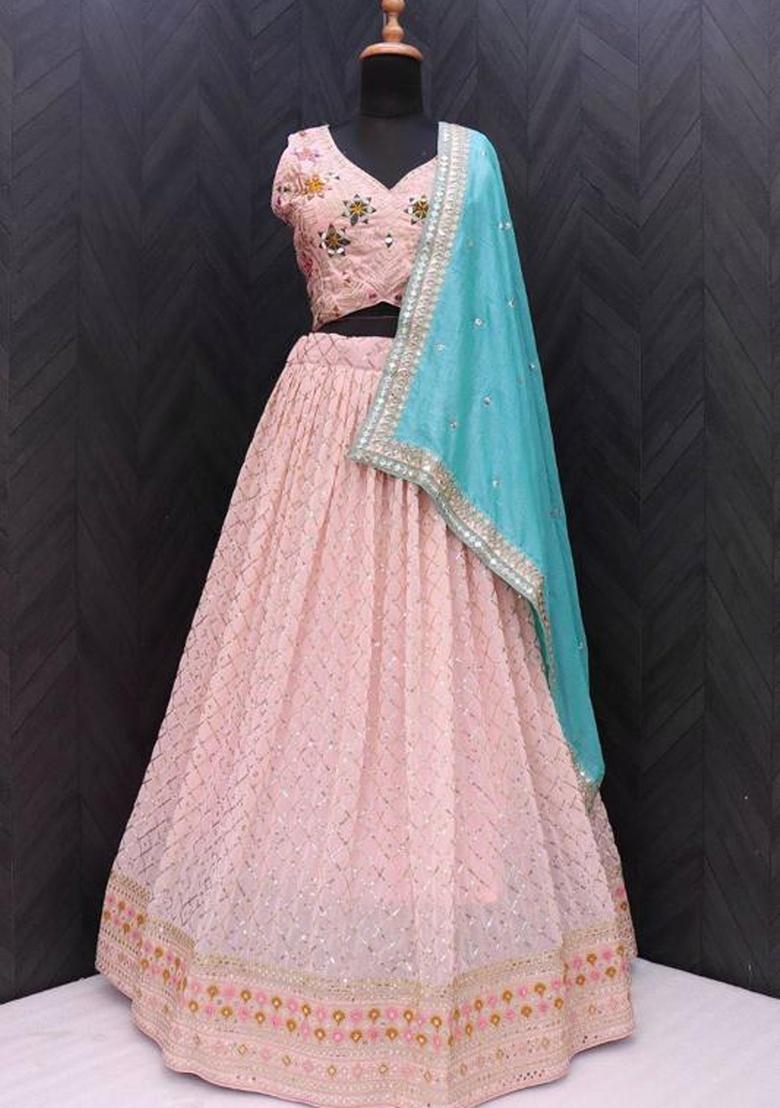 Light Pink Sequence Embroidery Stich Work Faux Georgette Lehenga Set - Indya