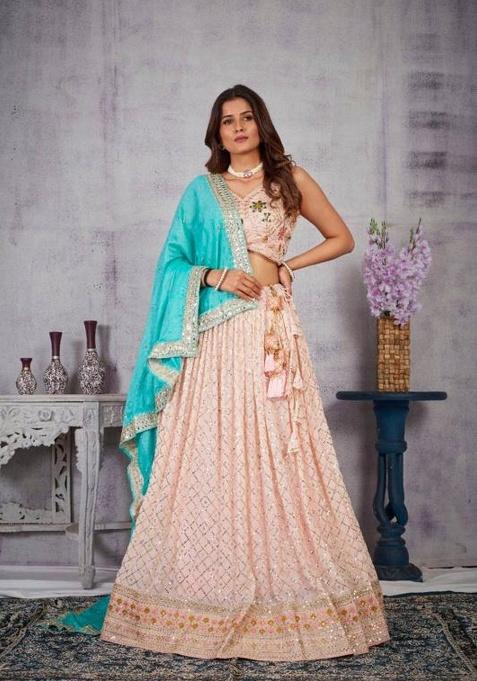 Light Pink Sequence Embroidery Stich Work Faux Georgette Lehenga Set