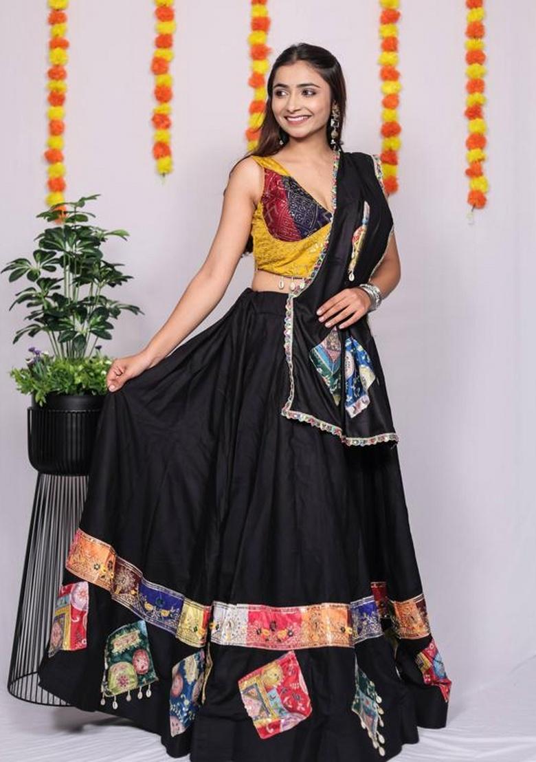 Black Embroidered Rayon Lehenga Set - Indya