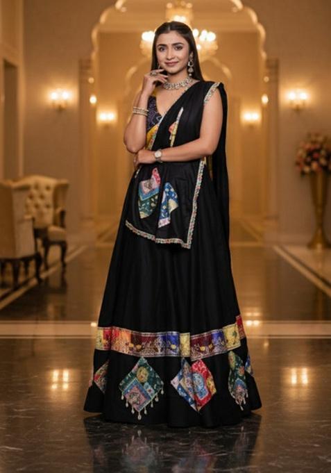 Black Embroidered Rayon Lehenga Set