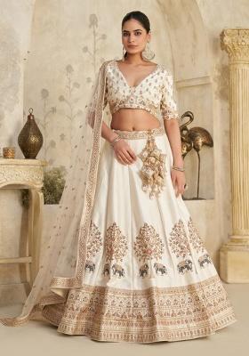 Cream Zari Work Silk Lehenga Set