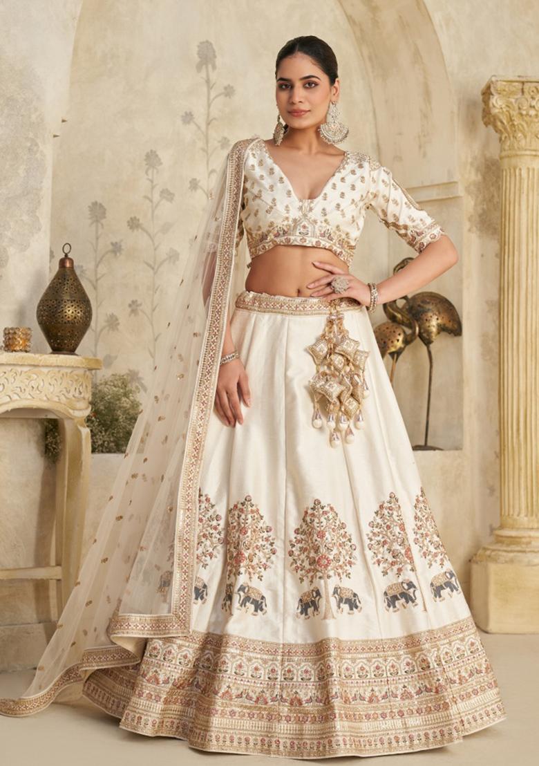 Cream Zari Work Silk Lehenga Set