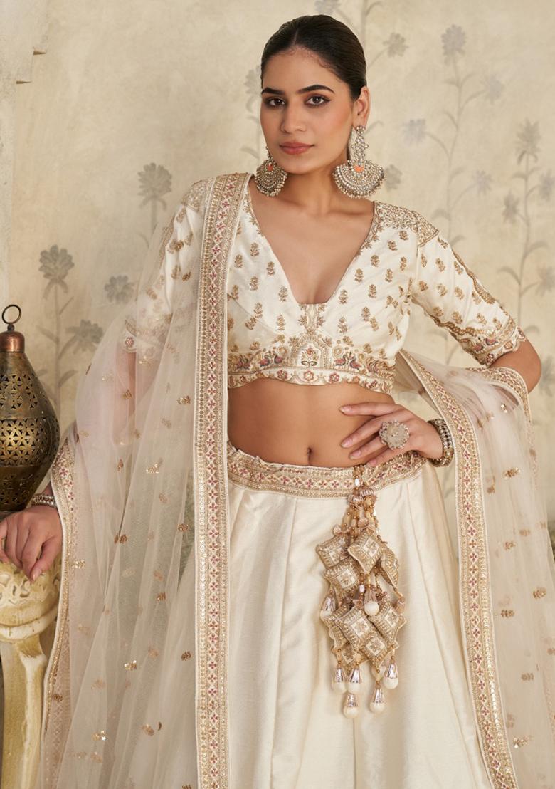 Cream Zari Work Silk Lehenga Set