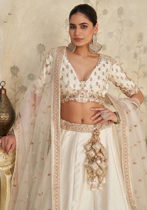 Cream Zari Work Silk Lehenga Set