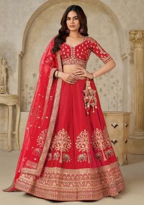 Red Bridal Ensemble With Elephant Motifs Silk Lehenga Set