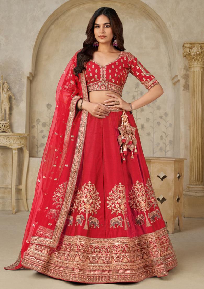 Red Bridal Ensemble With Elephant Motifs Silk Lehenga Set
