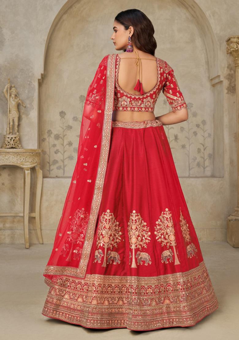 Red Bridal Ensemble With Elephant Motifs Silk Lehenga Set - Indya