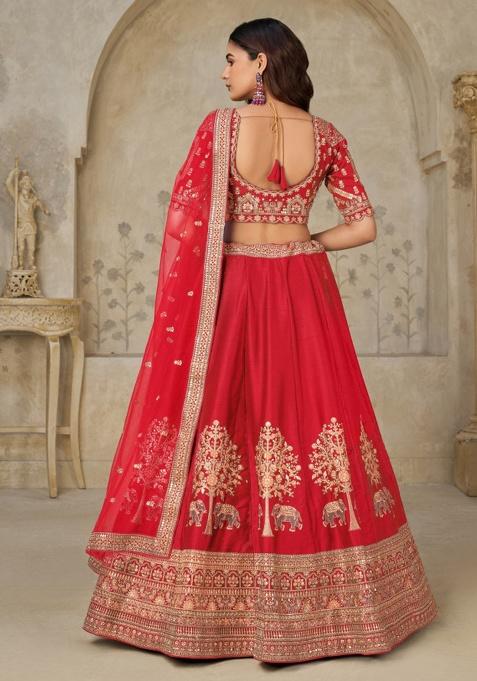 Red Bridal Ensemble With Elephant Motifs Silk Lehenga Set