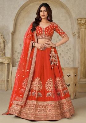 Rust Zari Work Silk Lehenga Set
