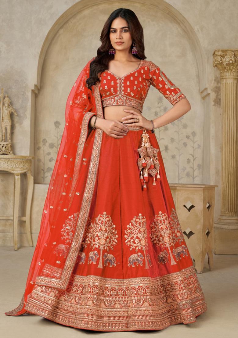 Rust Zari Work Silk Lehenga Set