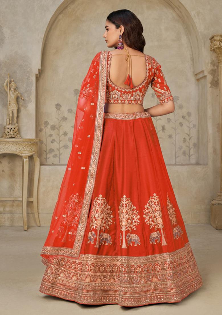 Rust Zari Work Silk Lehenga Set