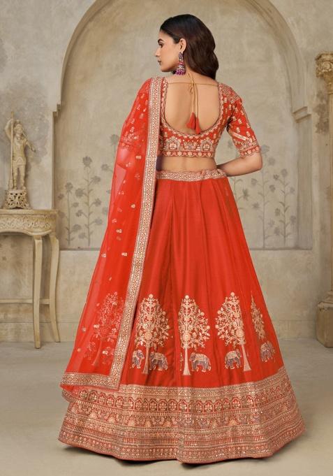Rust Zari Work Silk Lehenga Set