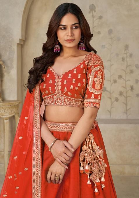 Rust Zari Work Silk Lehenga Set