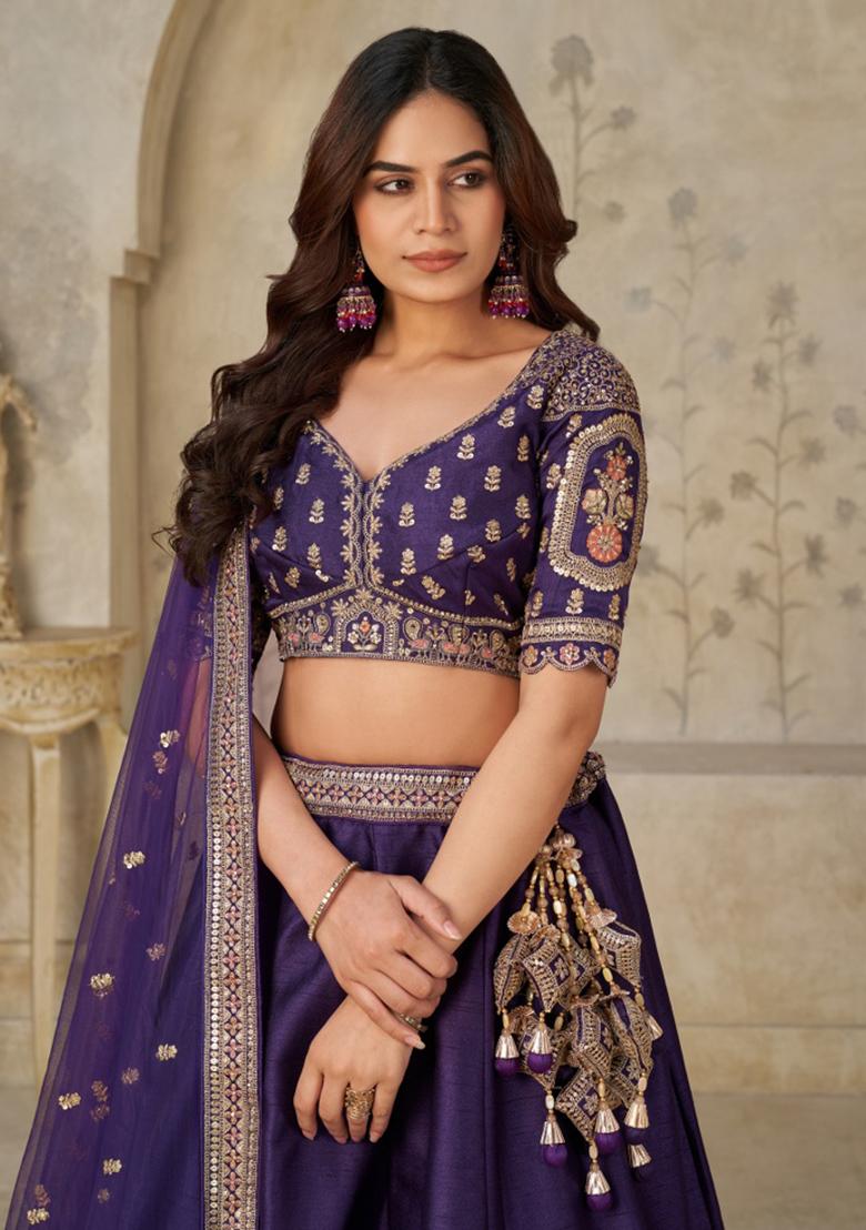 Purple Zari Work Silk Lehenga Set