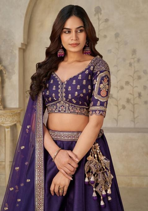 Purple Zari Work Silk Lehenga Set