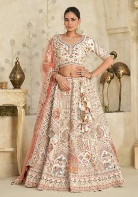 Cream Embroidered Silk Lehenga Set