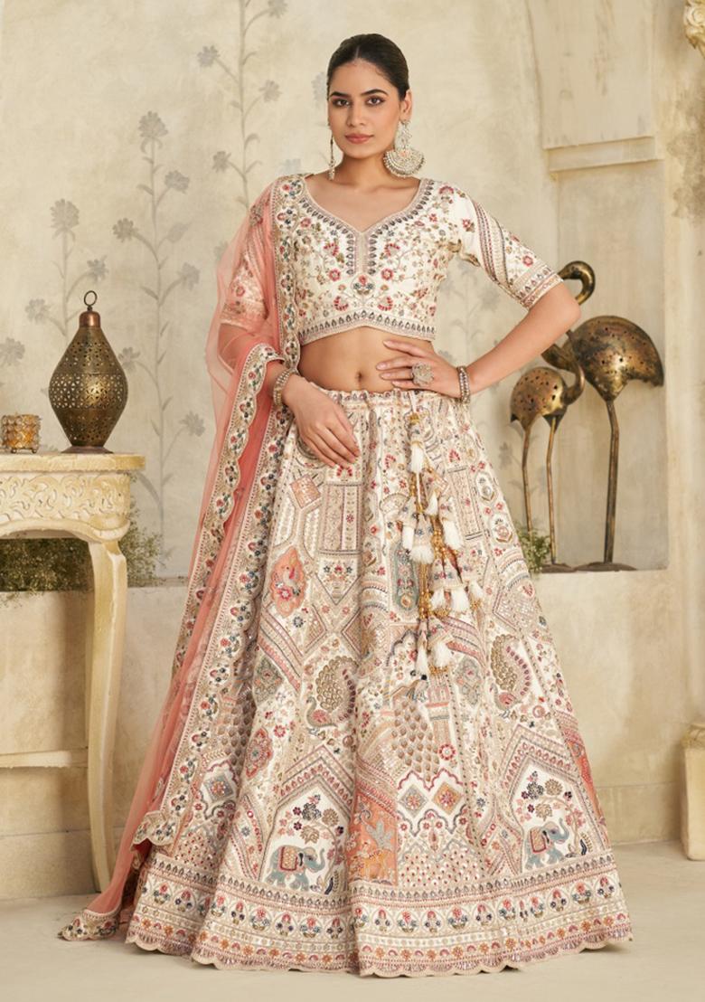Cream Embroidered Silk Lehenga Set