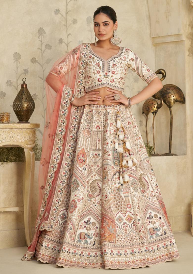 Cream Embroidered Silk Lehenga Set - Indya