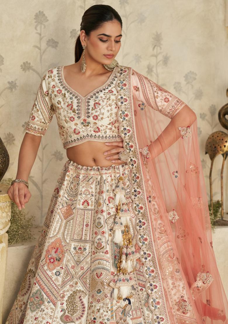 Cream Embroidered Silk Lehenga Set
