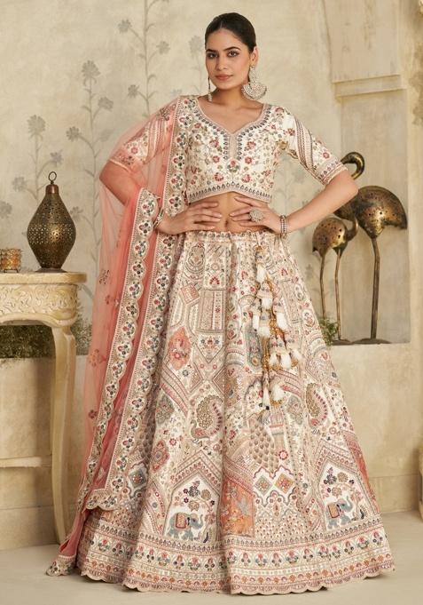 Cream Embroidered Silk Lehenga Set