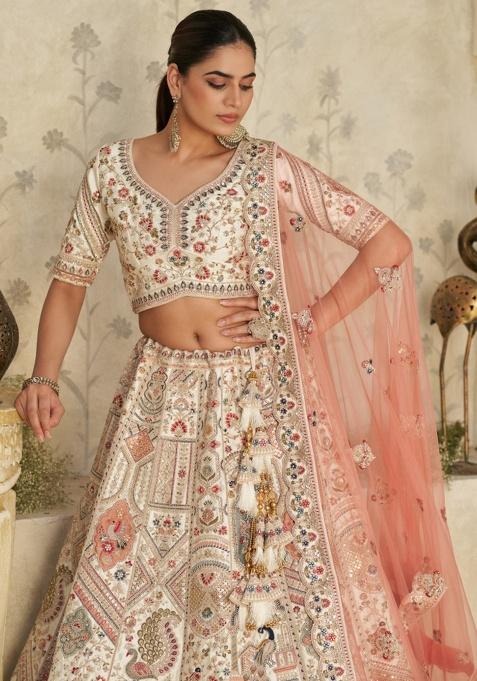 Cream Embroidered Silk Lehenga Set