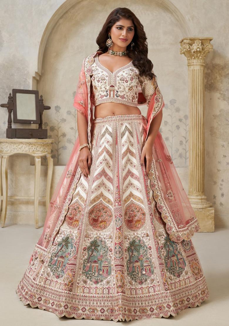 Cream Paisley Motifs Silk Lehenga Set