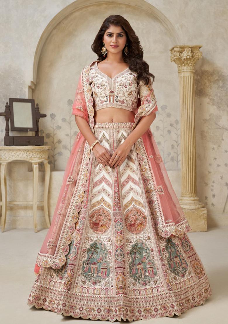 Cream Paisley Motifs Silk Lehenga Set - Indya