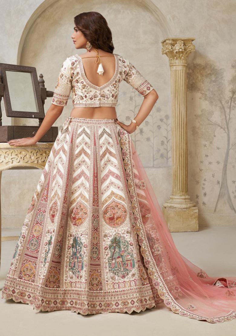 Cream Paisley Motifs Silk Lehenga Set