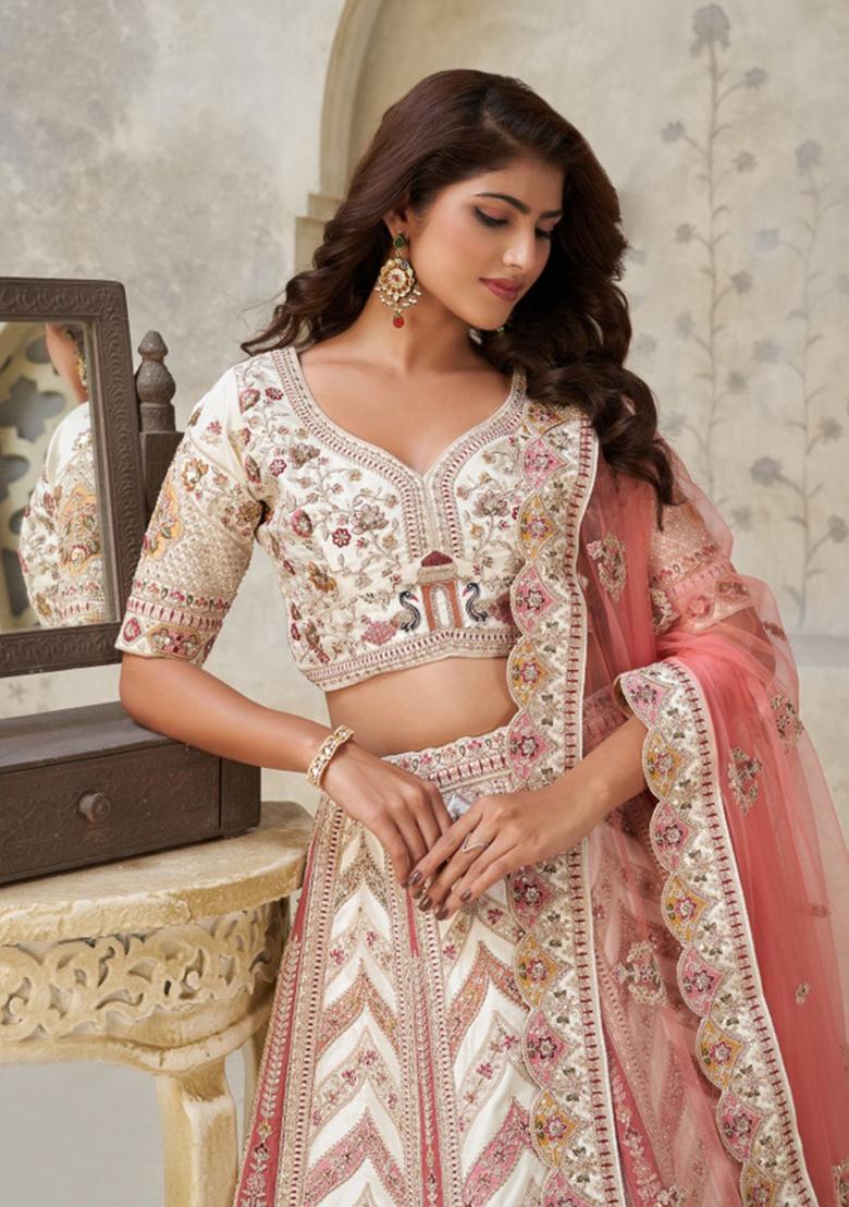 Cream Paisley Motifs Silk Lehenga Set - Indya
