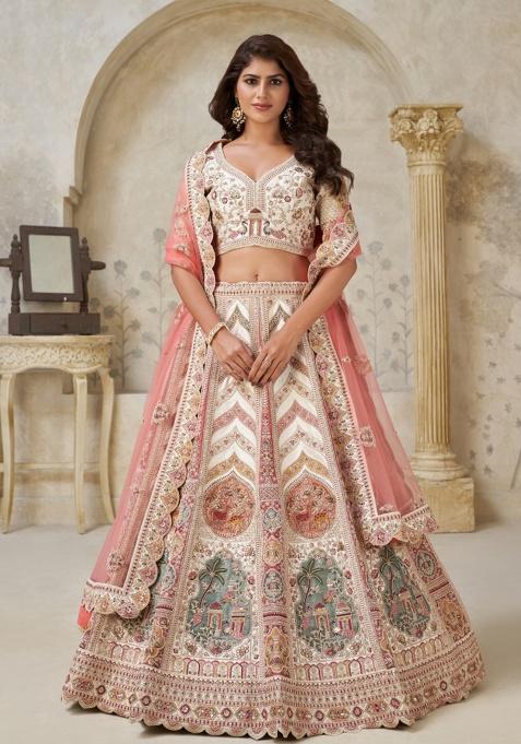 Cream Paisley Motifs Silk Lehenga Set