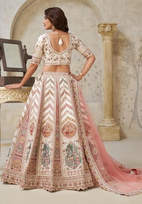 Cream Paisley Motifs Silk Lehenga Set