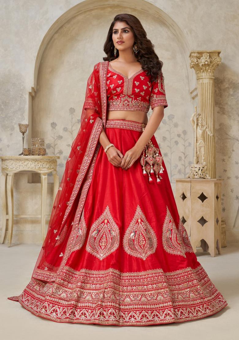 Red Embroidery Silk Lehenga Set - Indya