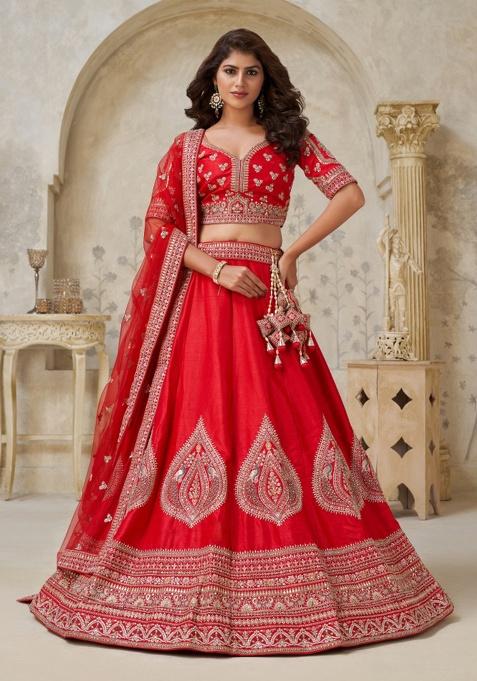 Red Embroidery Silk Lehenga Set