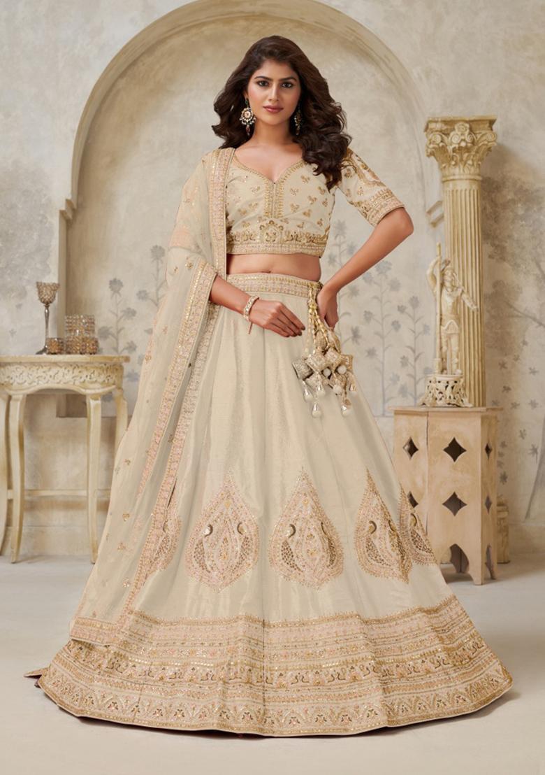 Cream Embroidery Silk Lehenga Set