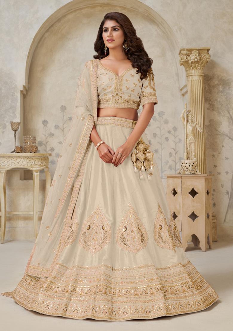 Cream Embroidery Silk Lehenga Set - Indya